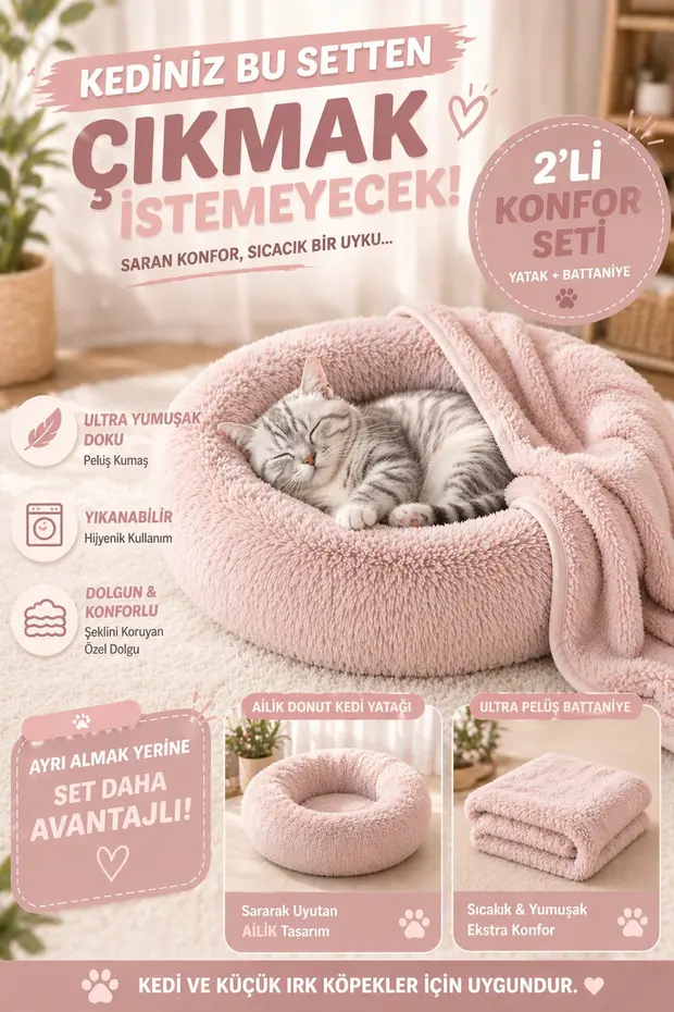 Donut Kedi Yatağı 2’li Set Battaniyeli Peluş Kedi Köpek Yatağı 50 60 70 cm